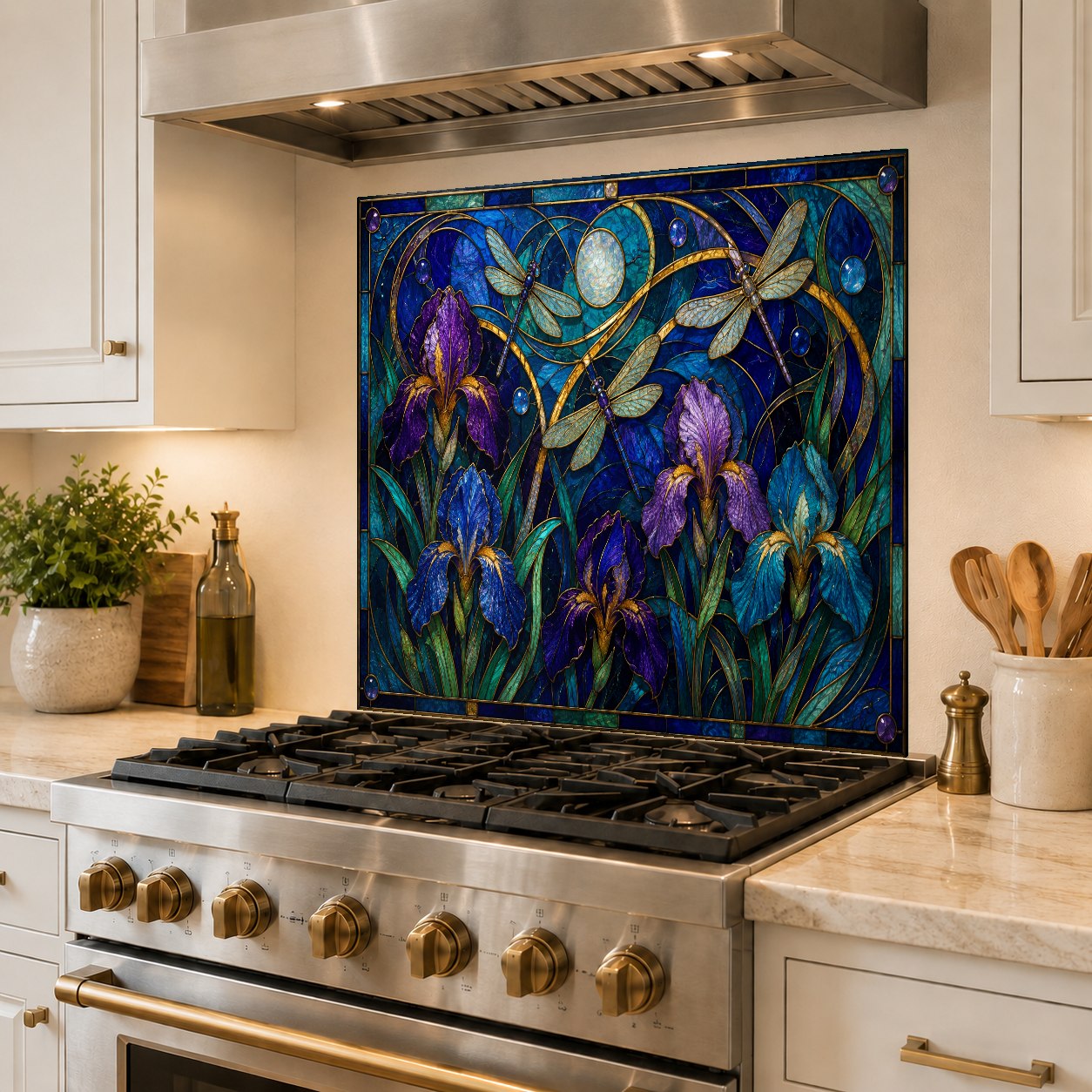 High-gloss floral glass backsplash installed in a luxury home bar area behind the sink.