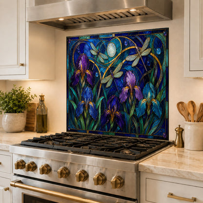 High-gloss floral glass backsplash installed in a luxury home bar area behind the sink.