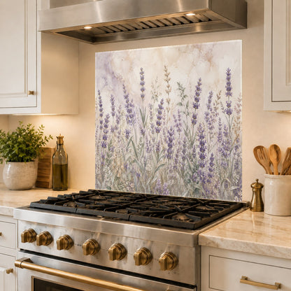 Sleek, grout-free lavender meadow glass backsplash behind a sink with a matte black faucet.