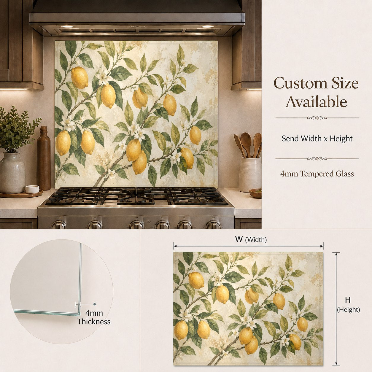 Bright lemon grove printed glass backsplash installed as a protective wall panel behind a kitchen stove.