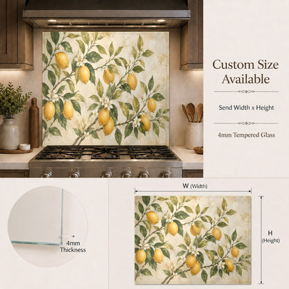 Bright lemon grove printed glass backsplash installed as a protective wall panel behind a kitchen stove.