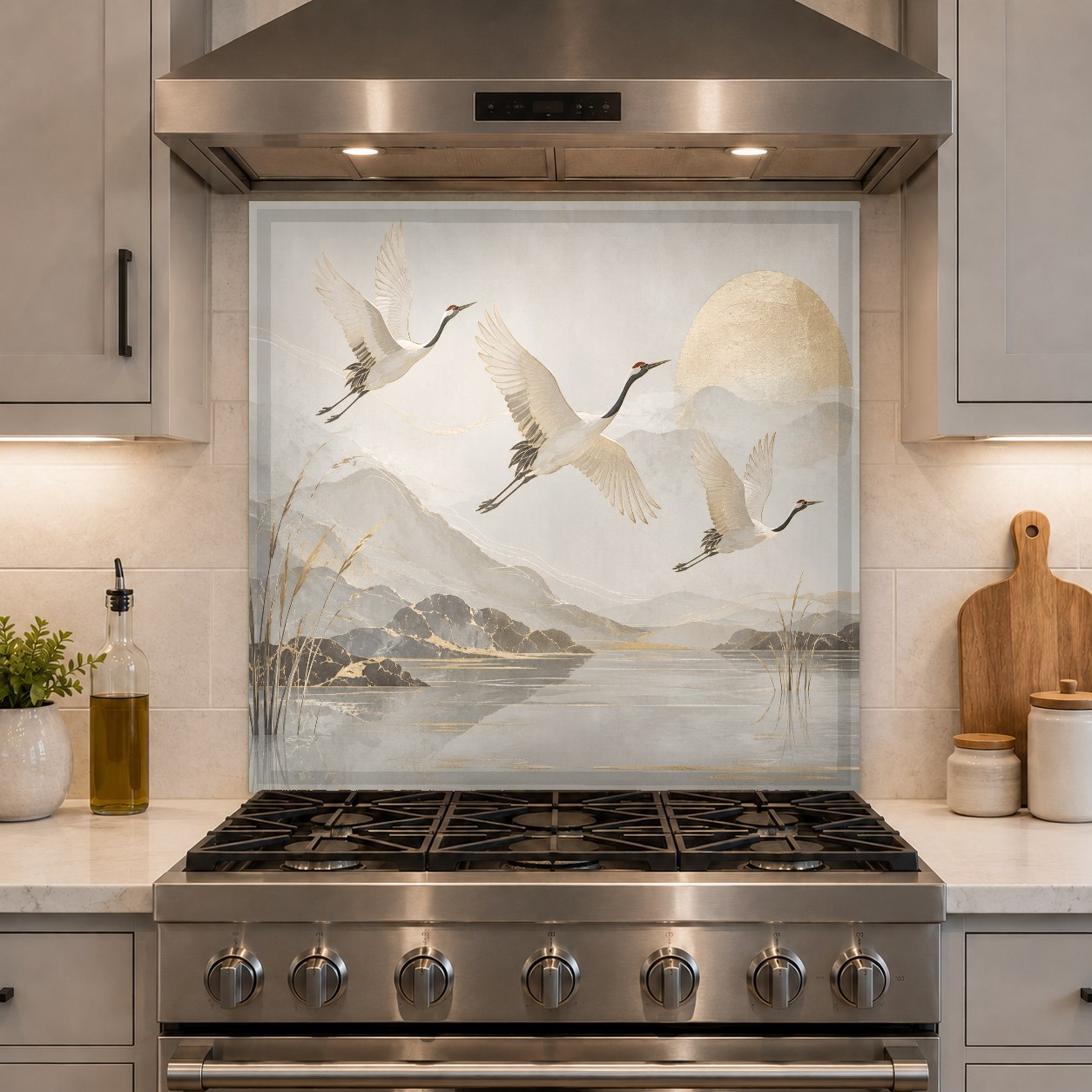 Close-up of bird printed glass backsplash texture behind a kitchen range