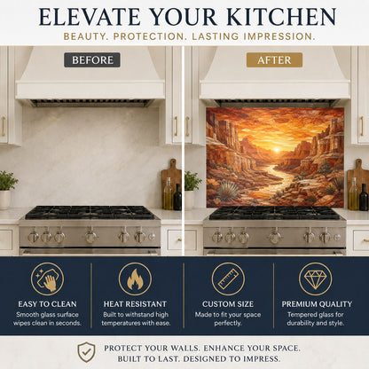 Tempered glass kitchen backsplash with warm sunset tones over a kitchen island prep area