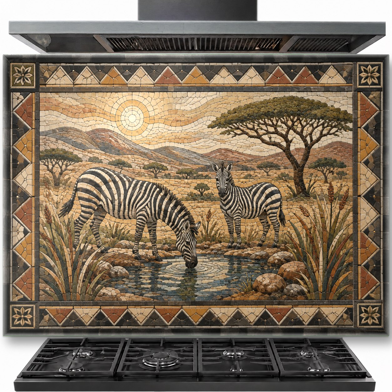 Zebra tempered glass backsplash installed behind the stove in a modern kitchen