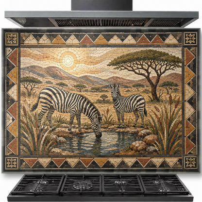 Zebra tempered glass backsplash installed behind the stove in a modern kitchen