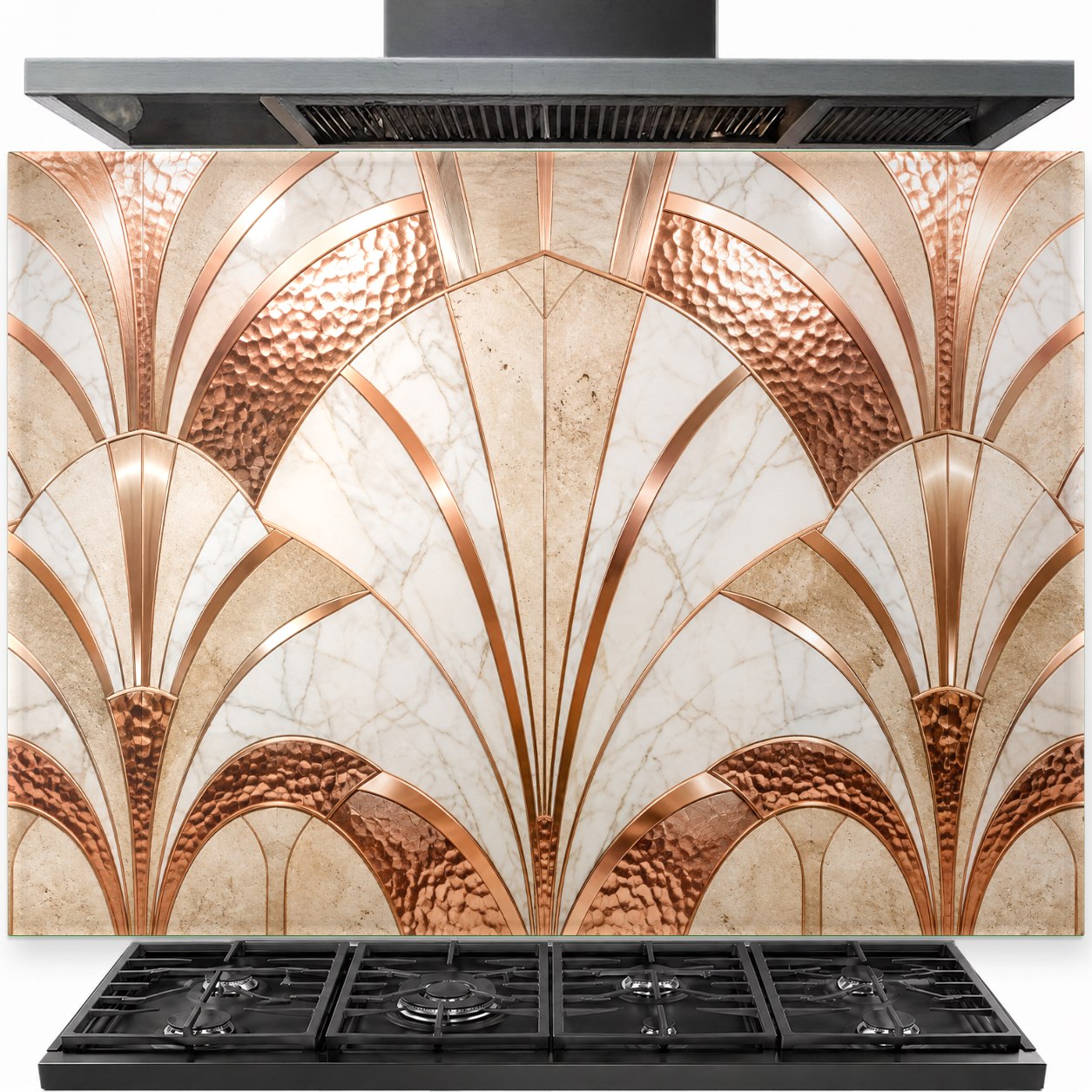 Artistic copper tempered glass backsplash installed securely behind a stainless steel kitchen stove