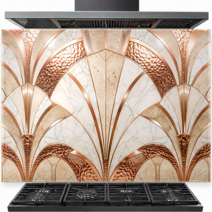Artistic copper tempered glass backsplash installed securely behind a stainless steel kitchen stove