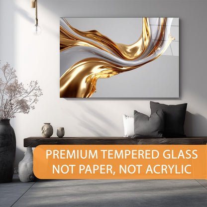 Modern interior design with abstract gold and white painting on wall, text about premium tempered glass.