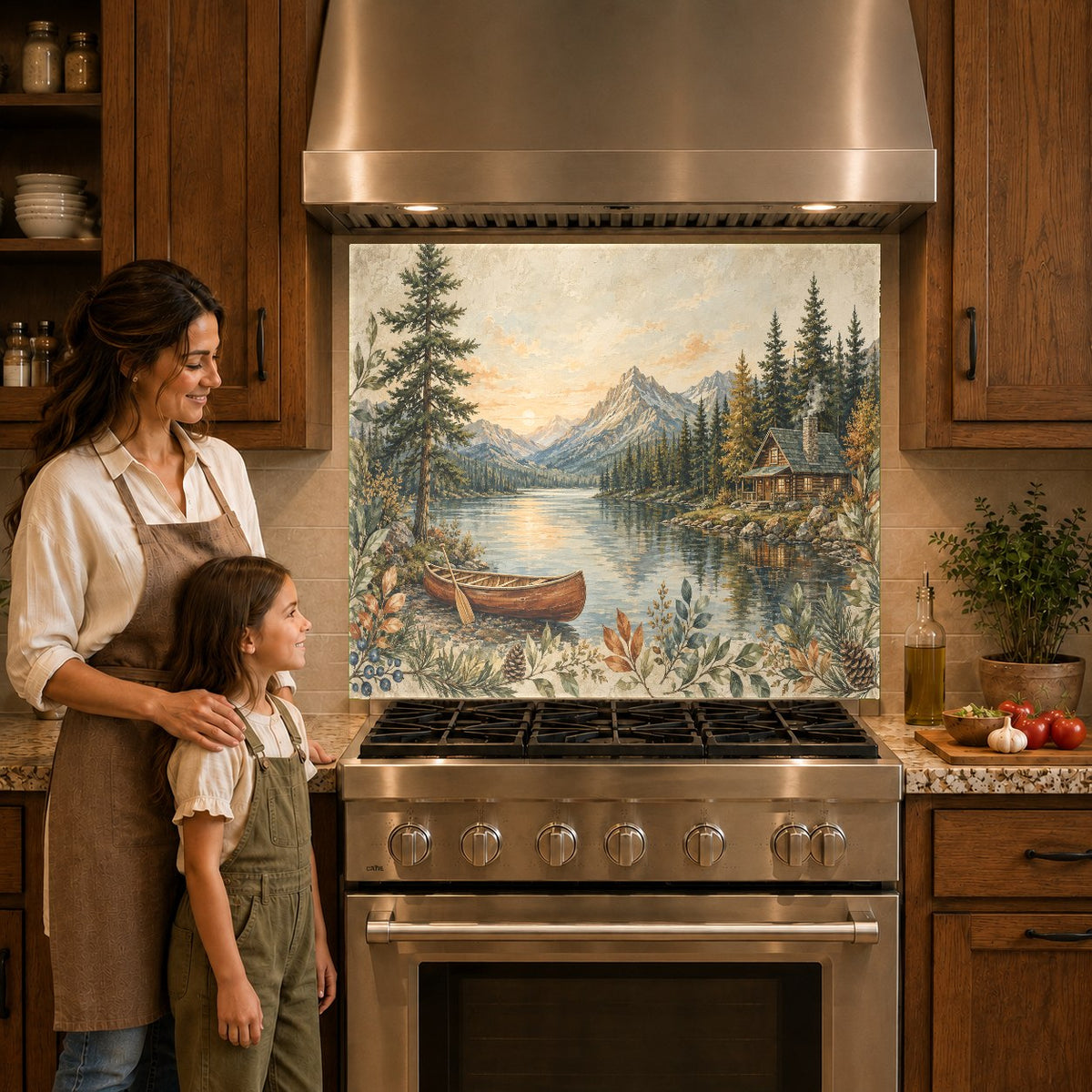 A foggy mountain lake glass backsplash panel positioned behind an induction cooktop.