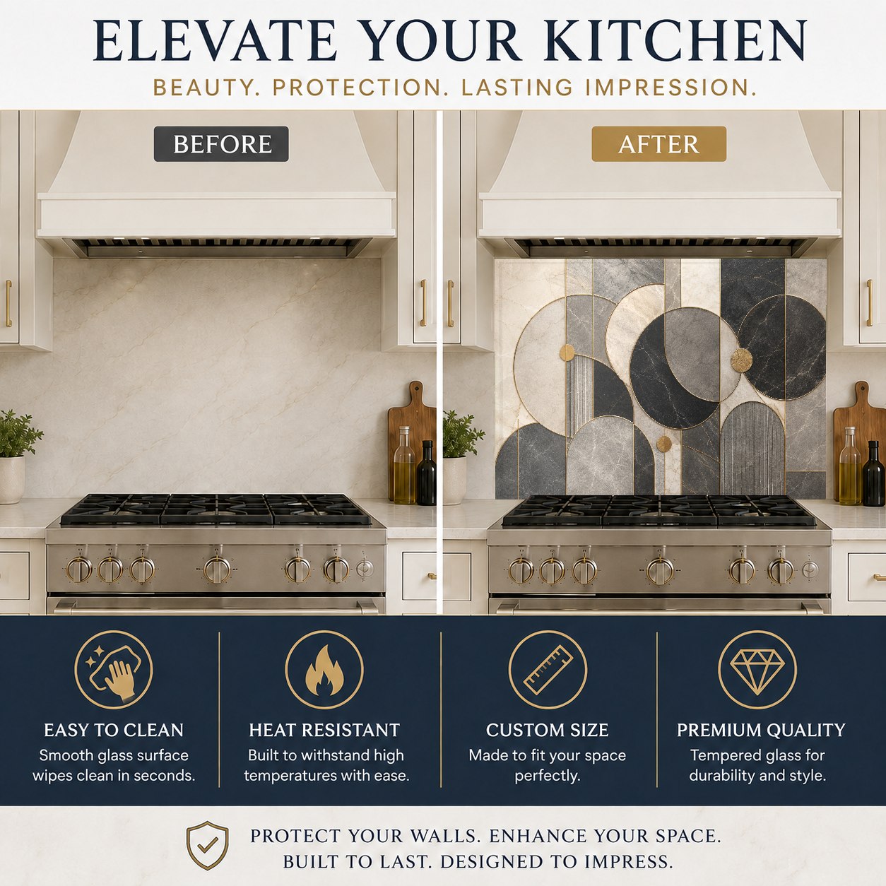Modern geometric pattern tempered glass panel used as a full kitchen backsplash in a contemporary home.