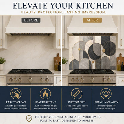 Modern geometric pattern tempered glass panel used as a full kitchen backsplash in a contemporary home.