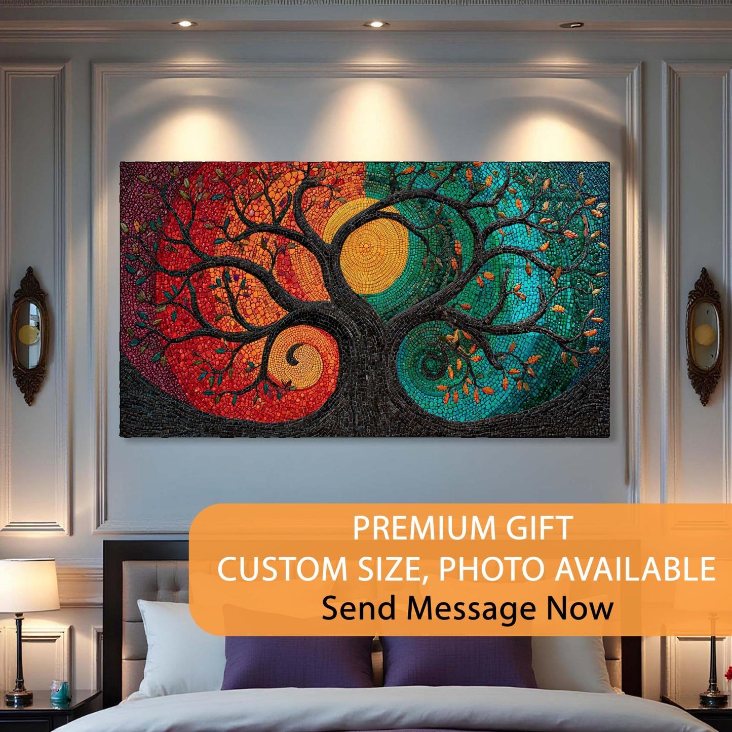 Colorful abstract wall art in a bedroom setting with promotional text overlay.
