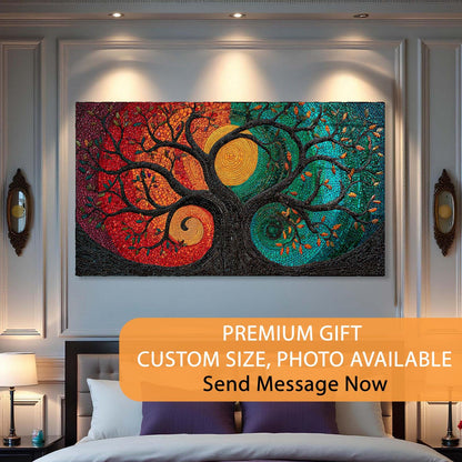 Colorful abstract wall art in a bedroom setting with promotional text overlay.