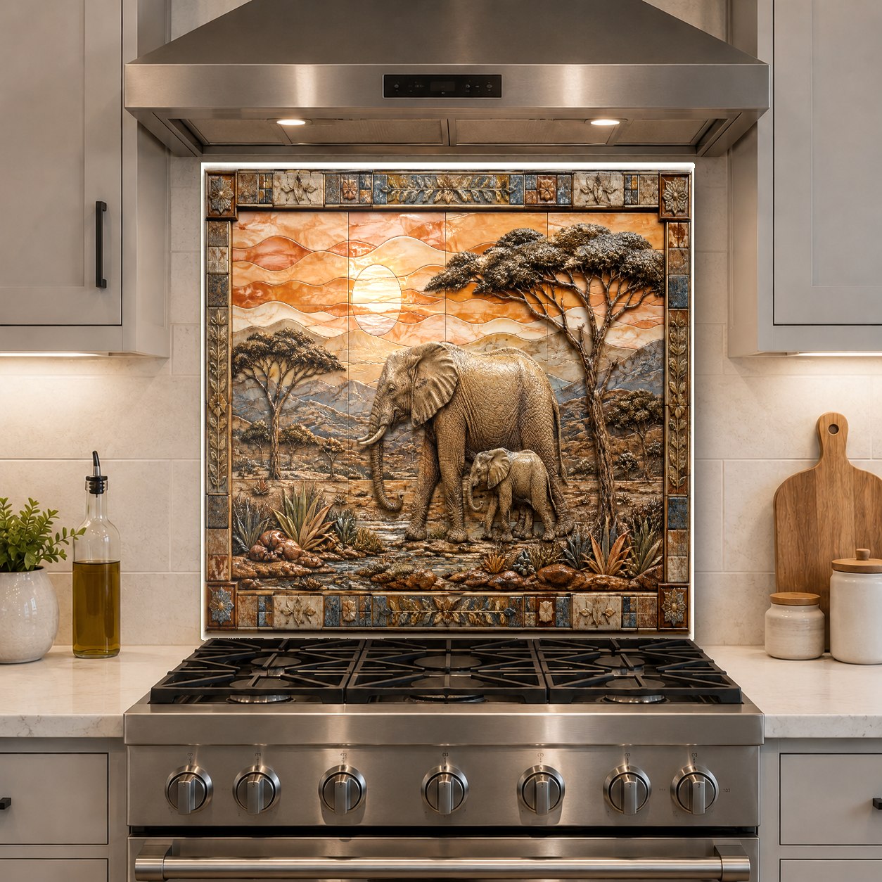 Tempered glass kitchen backsplash featuring majestic elephants over a countertop