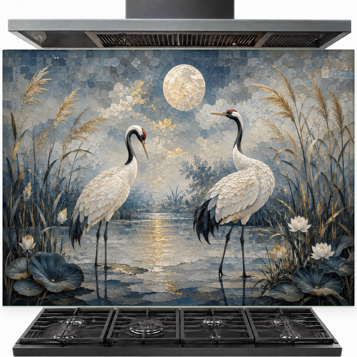 Moon Cranes tempered glass backsplash installed behind a modern gas stove in a contemporary kitchen.