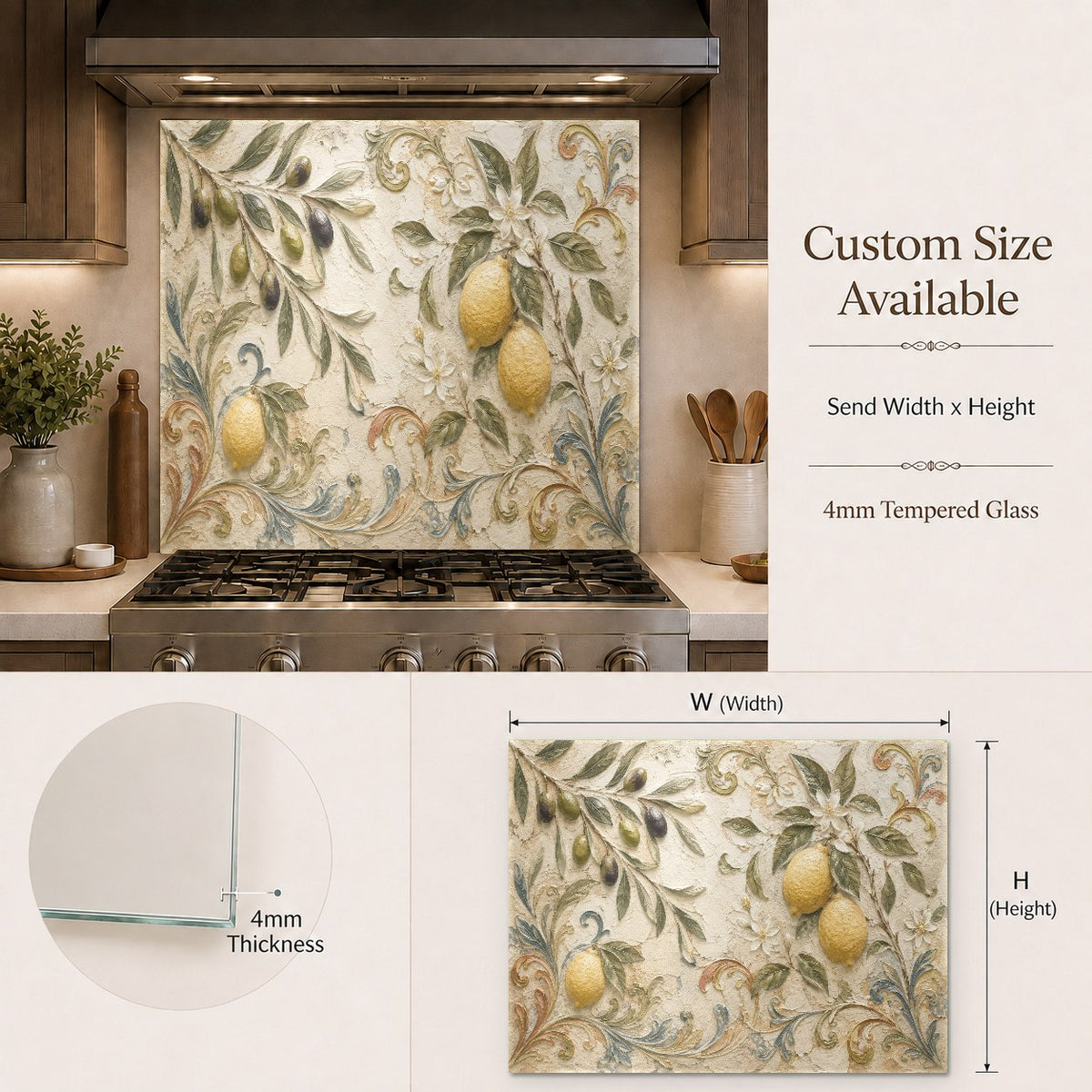 Elegant kitchen island bar area featuring a decorative yellow lemon and green olive glass backsplash.