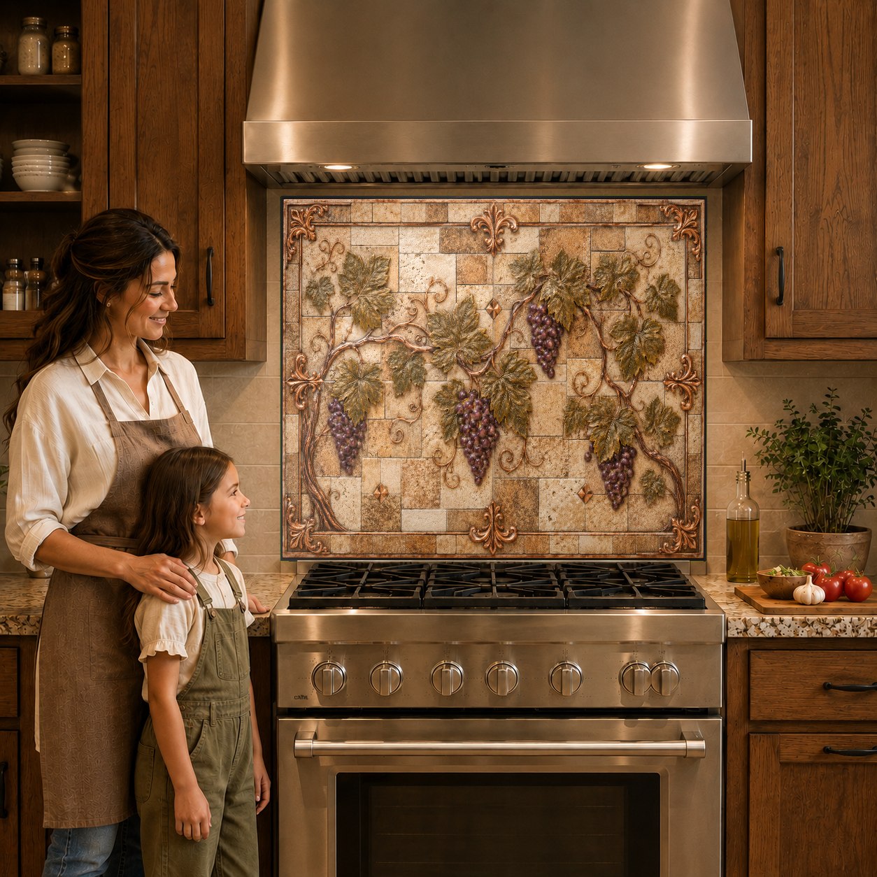 Close-up of a metallic copper look grape vine glass backsplash panel behind a modern induction cooktop.