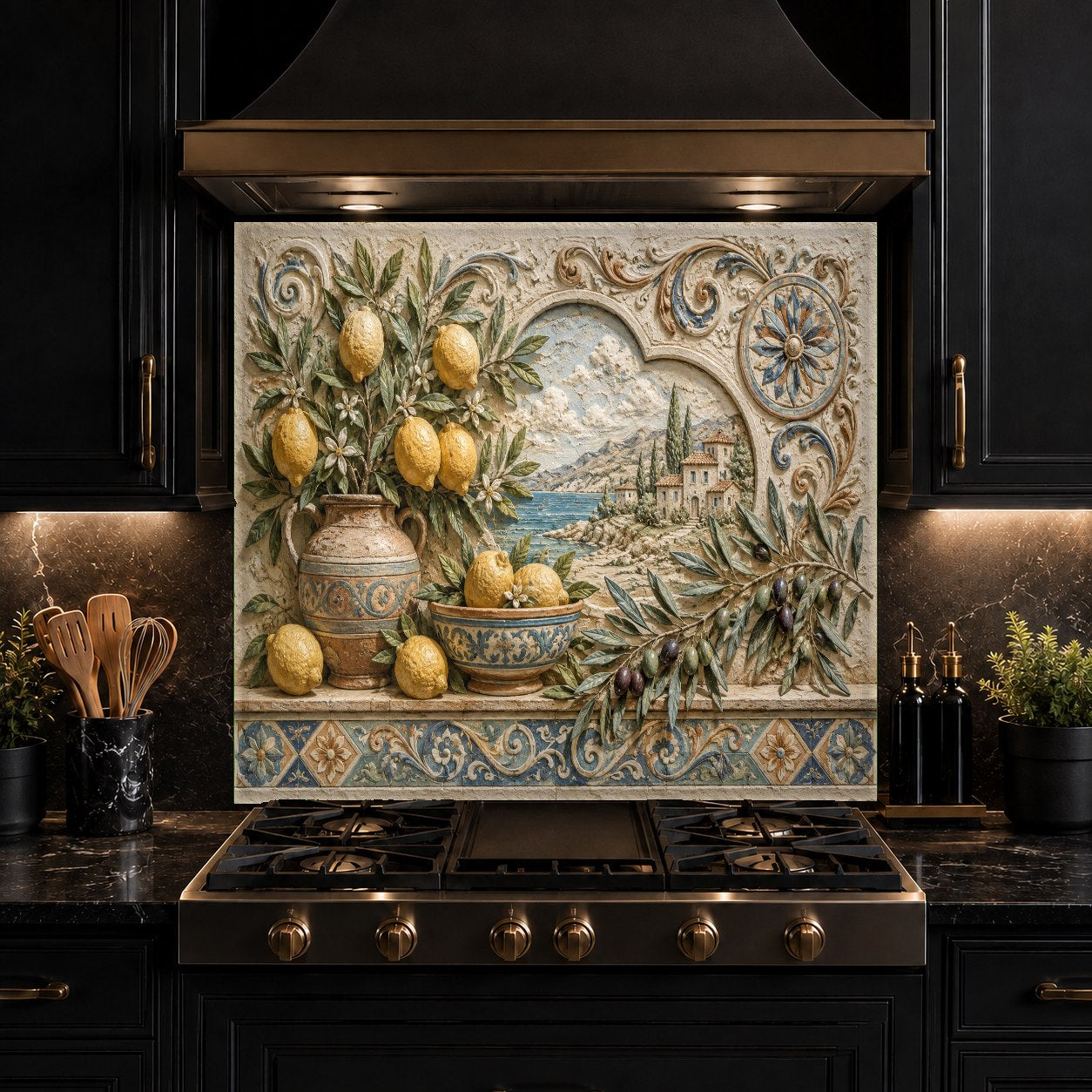 Heat-resistant olive and lemon glass backsplash panel close up view