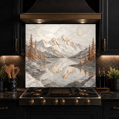 Durable tempered glass backsplash with a copper lake nature print installed over old kitchen tiles.