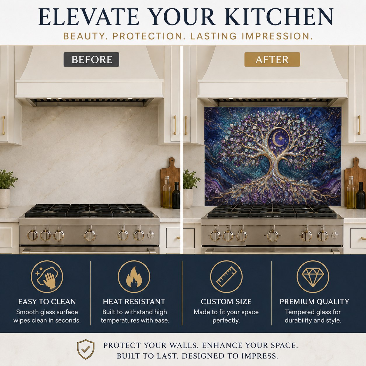 Close-up of the glossy, heat-resistant cosmic tree glass backsplash showing rich blues and purples behind a range.