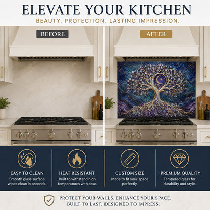 Close-up of the glossy, heat-resistant cosmic tree glass backsplash showing rich blues and purples behind a range.