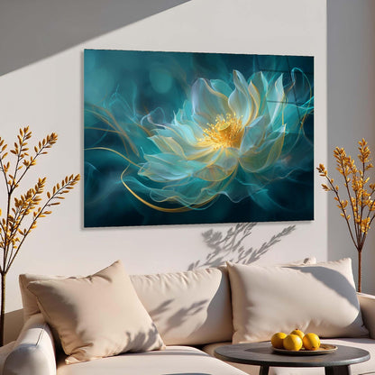 Modern living room with a large abstract flower painting on the wall.