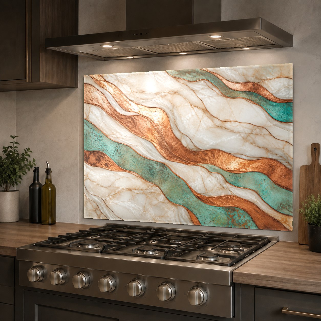 Contemporary kitchen island featuring a copper patina glass backsplash panel as a decorative accent.