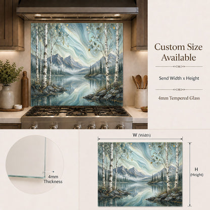 Serene northern lake theme tempered glass backsplash panel in a high-end lakehouse kitchen bar area.