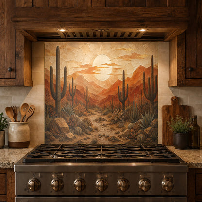 Modern kitchen bar area featuring a colorful desert sunset glass backsplash under warm under-cabinet LED lighting.