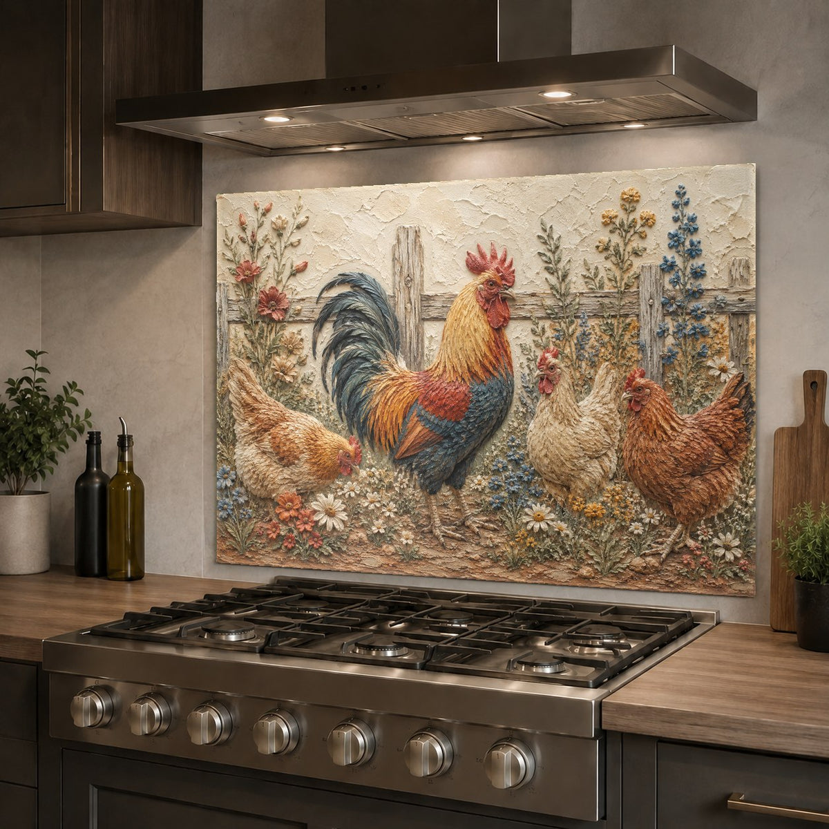 Country style rooster glass kitchen panel installed on modern island wall