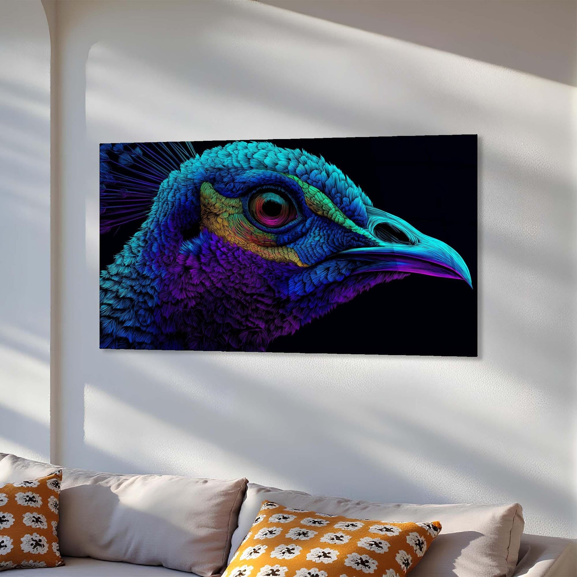Colorful bird head painting on a wall above a sofa with patterned cushions.