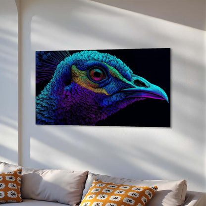 Colorful bird head painting on a wall above a sofa with patterned cushions.