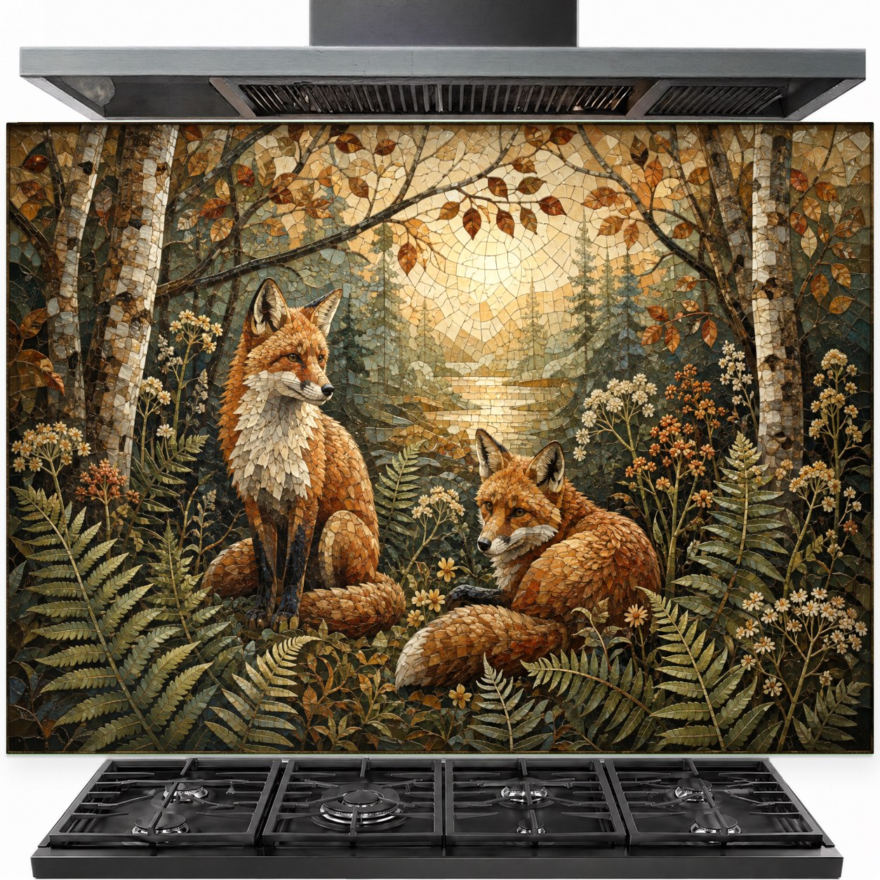 Forest foxes tempered glass backsplash installed behind a modern gas stove in a rustic kitchen.