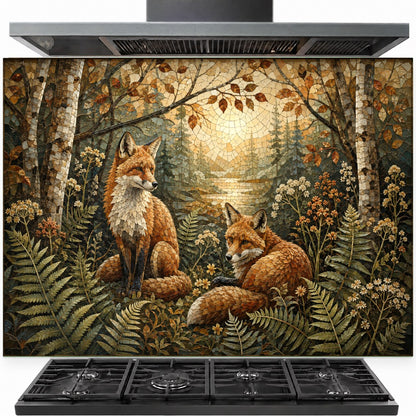 Forest foxes tempered glass backsplash installed behind a modern gas stove in a rustic kitchen.