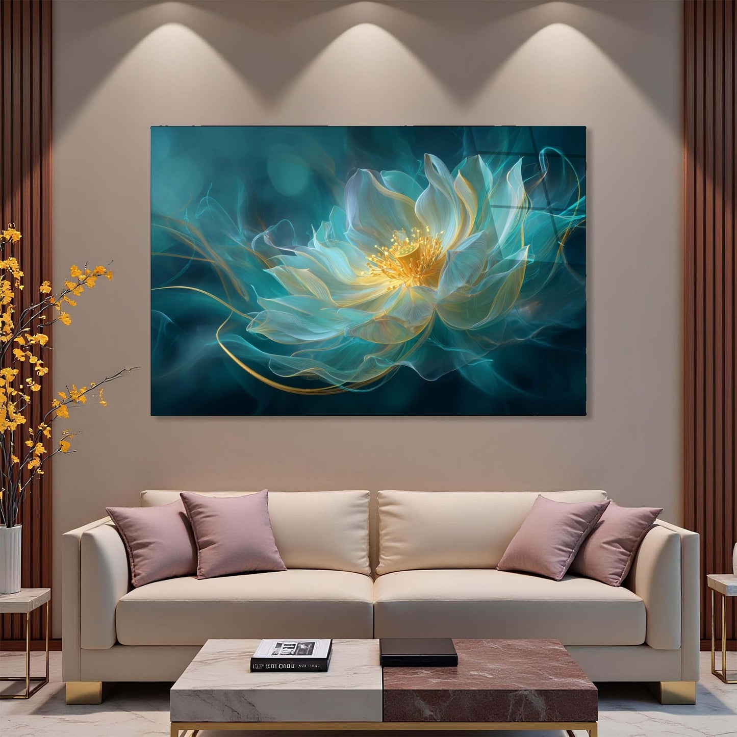 Modern living room with a large abstract flower painting on the wall above a beige sofa.
