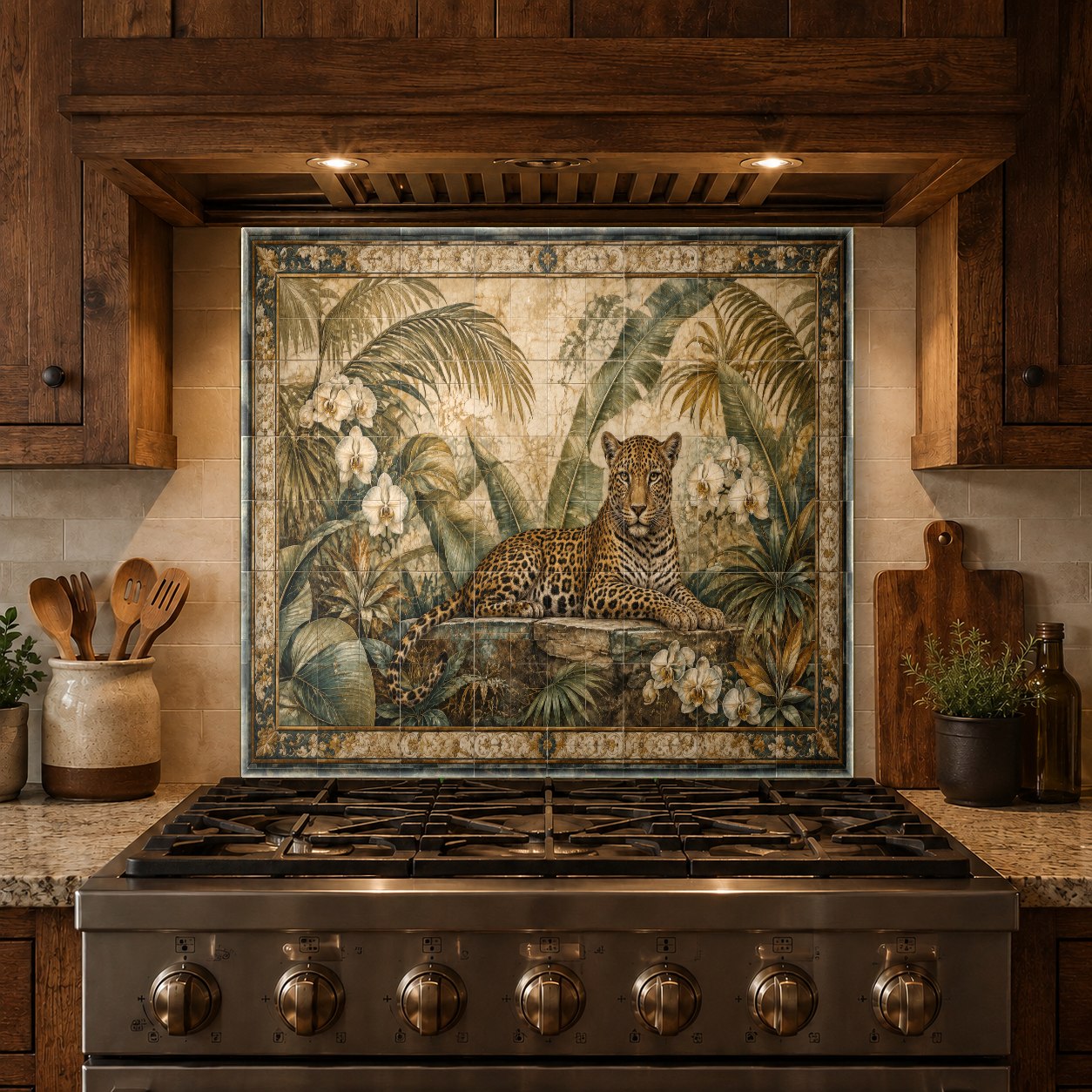 Seamless glass kitchen backsplash featuring wild leopard design