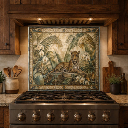 Seamless glass kitchen backsplash featuring wild leopard design
