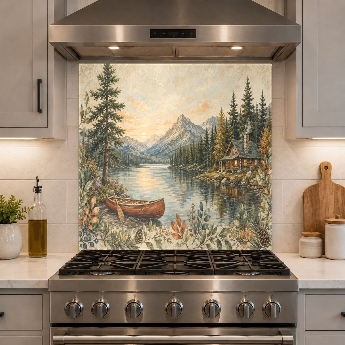 High-gloss Lake Mountain glass backsplash panel installed on a kitchen island cooktop wall.