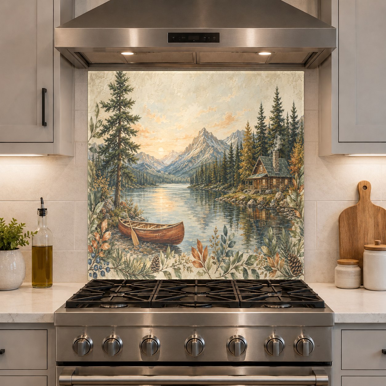 High-gloss Lake Mountain glass backsplash panel installed on a kitchen island cooktop wall.