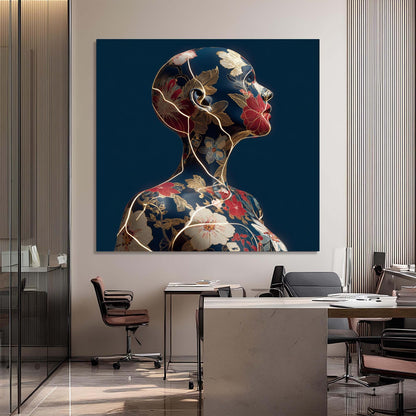 Modern office interior with a large abstract painting of a woman's profile on the wall.