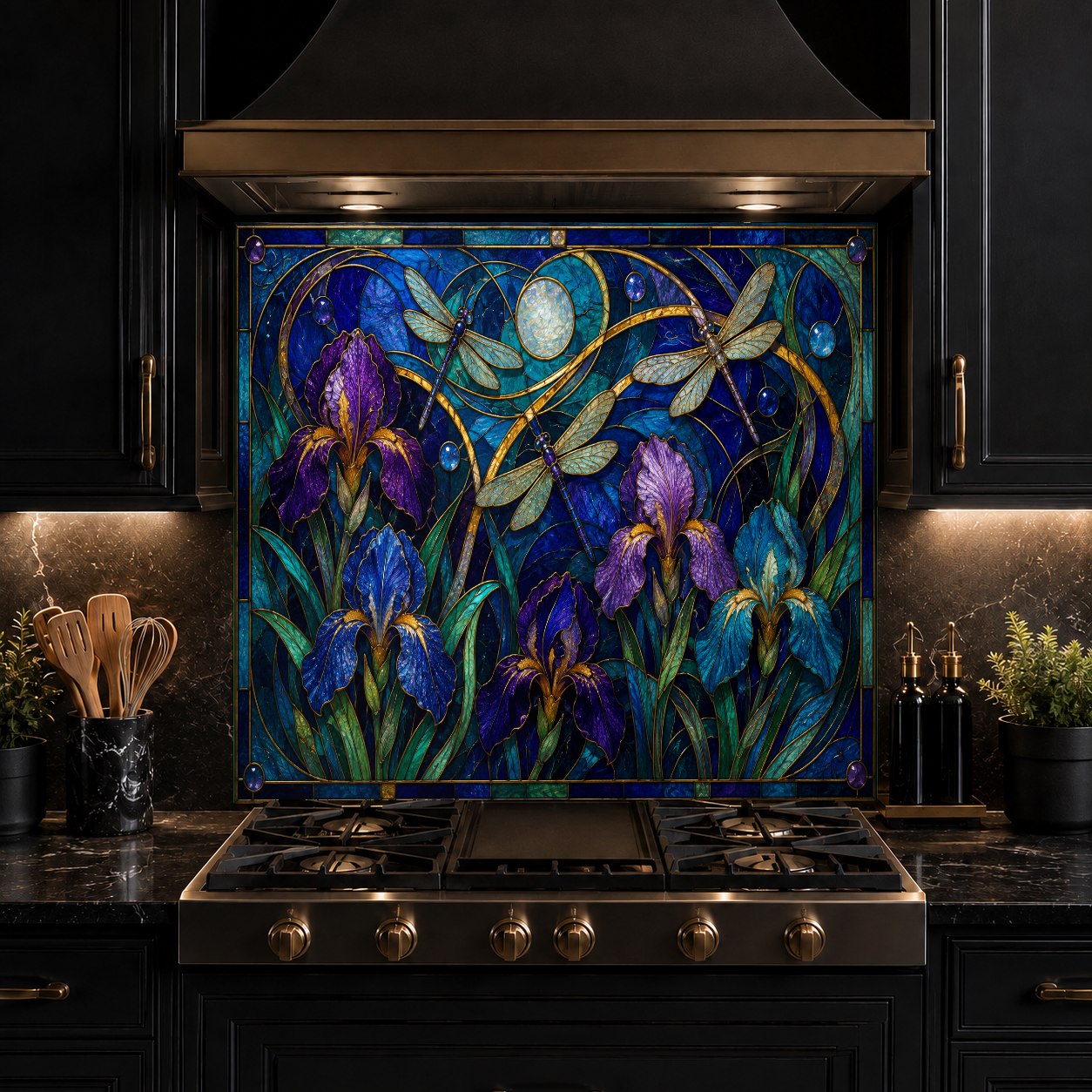 Iris Flight glass backsplash panel creating a beautiful focal point on a kitchen island wall.