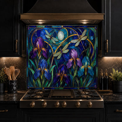 Custom-fit Iris Flight tempered glass backsplash protecting kitchen walls from heat and grease splatters.