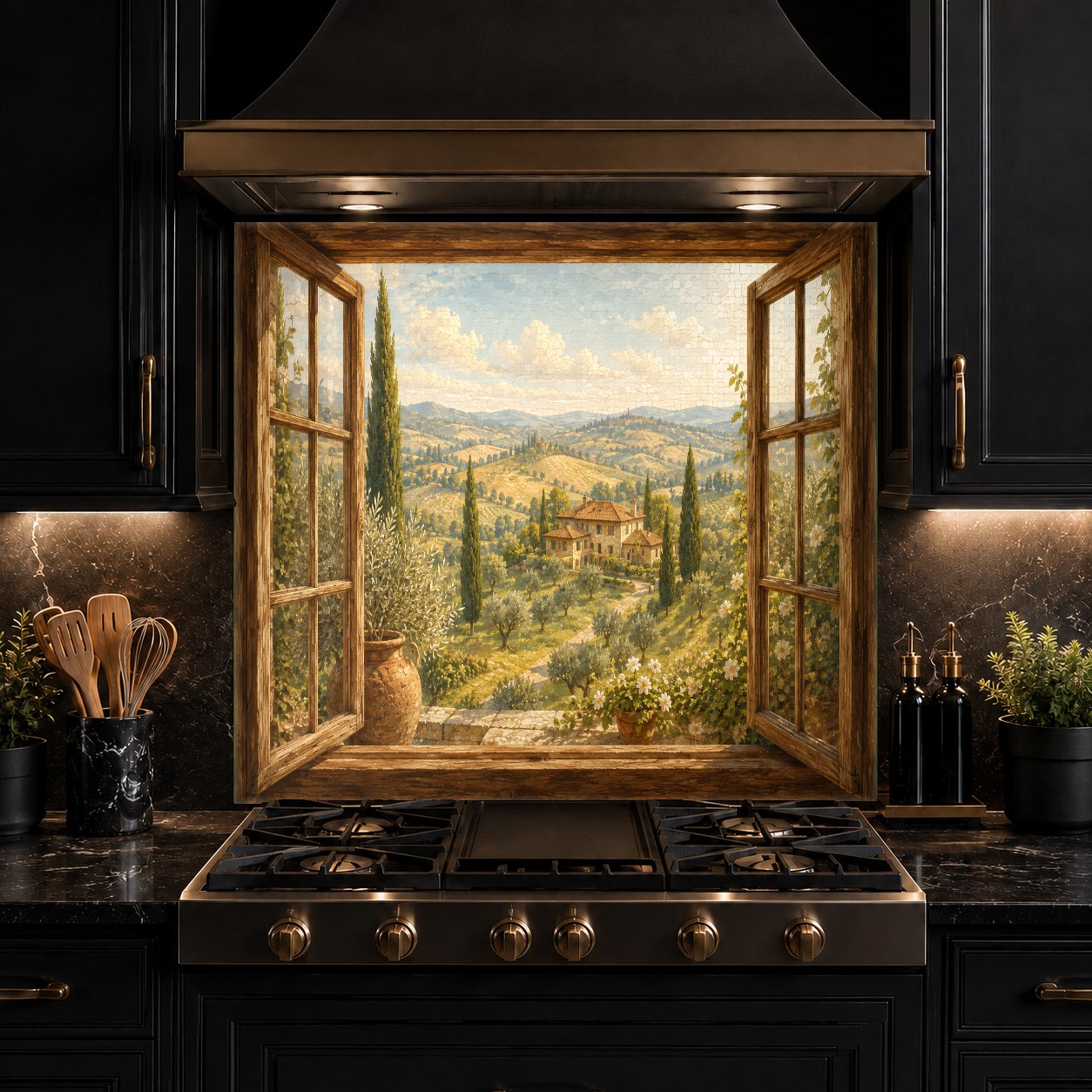 Vibrant garden design glass backsplash bringing a natural outdoor feel to a kitchen island wall.