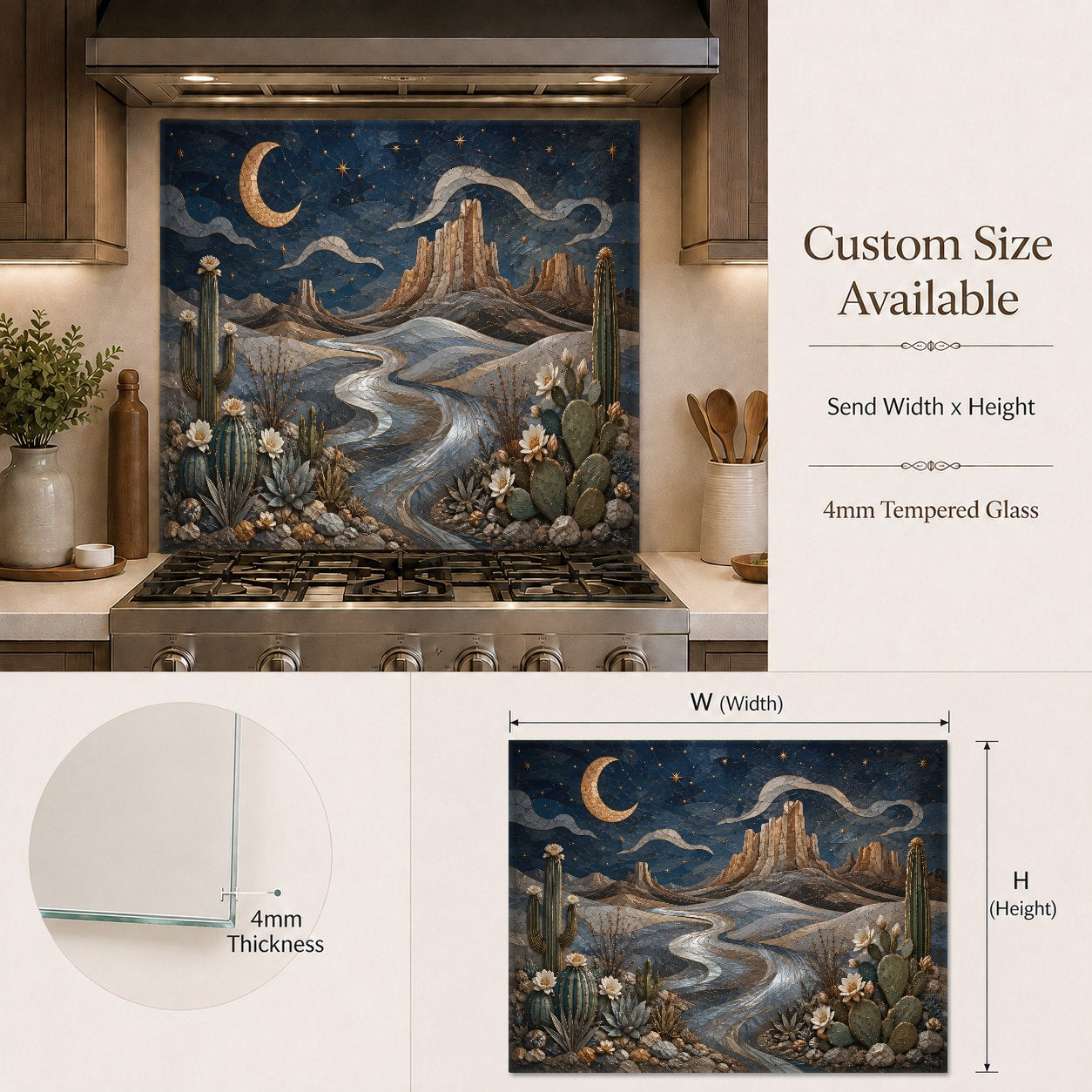 Durable tempered glass stove splash guard with a minimalist desert and moon illustration in a bright modern kitchen.