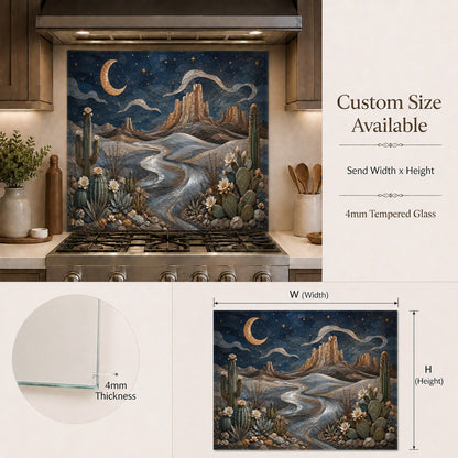 Durable tempered glass stove splash guard with a minimalist desert and moon illustration in a bright modern kitchen.