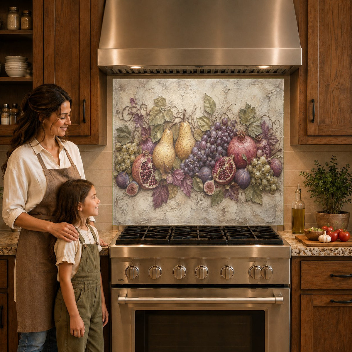 Vibrant fruit kitchen glass panel behind a stainless steel cooktop