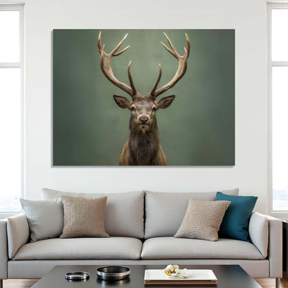 Framed picture of a deer with large antlers on a wall above a sofa.