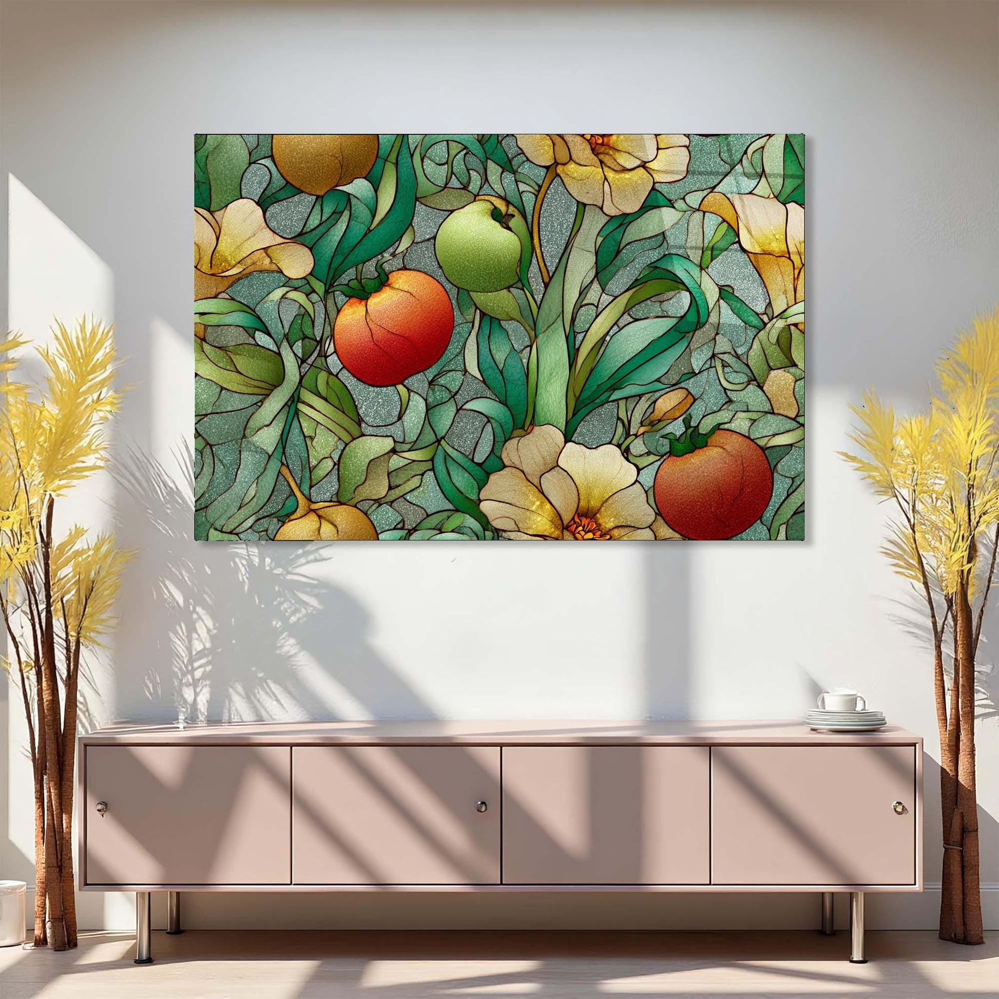 Decorative painting of fruits and flowers on a wall above a cabinet.