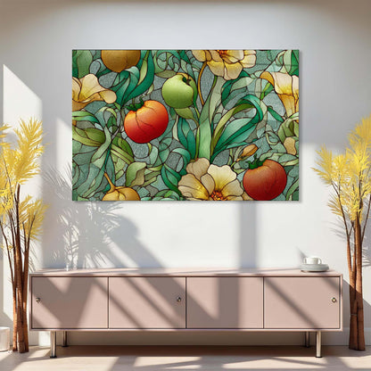 Decorative painting of fruits and flowers on a wall above a cabinet.