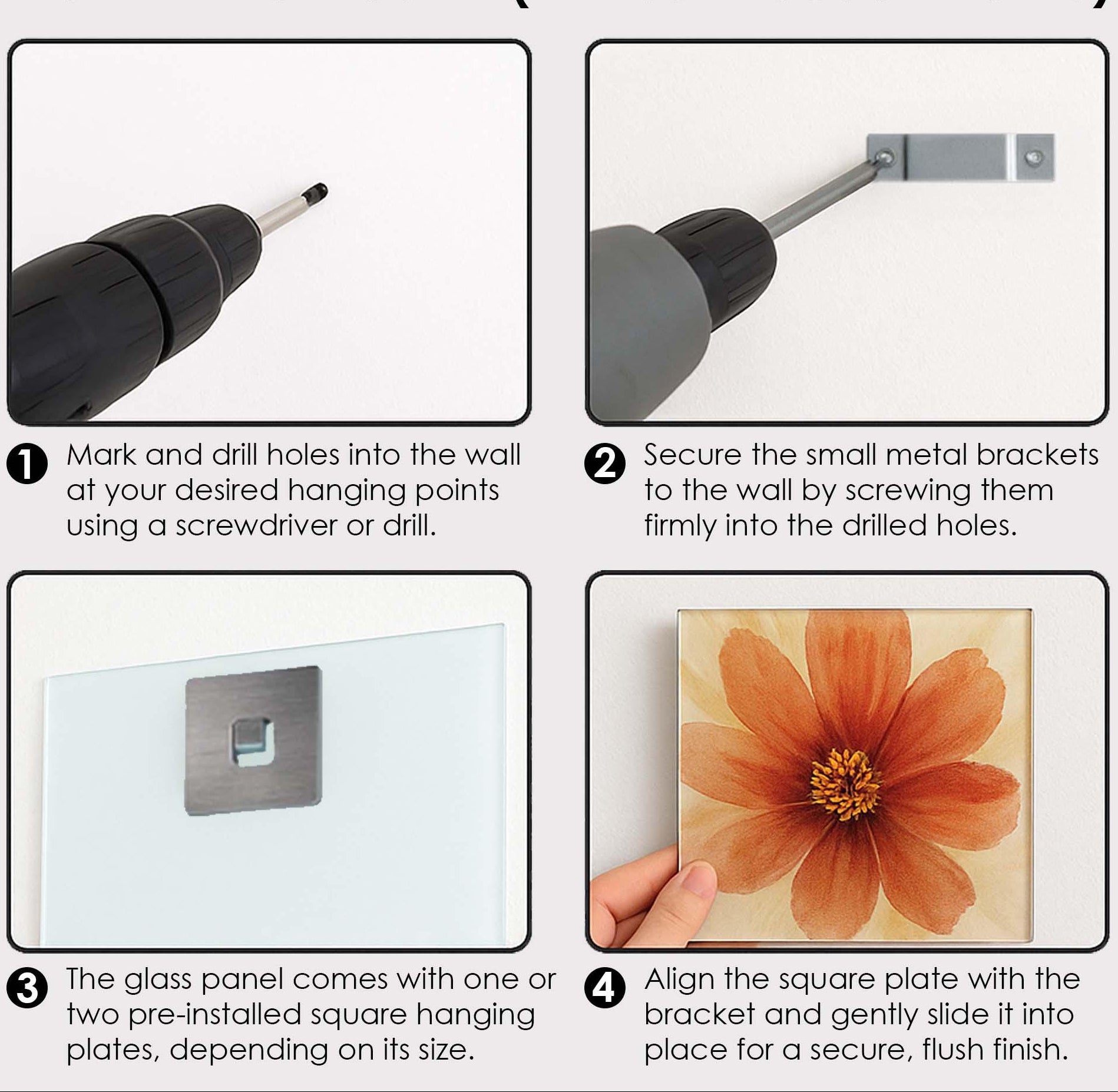 Installation guide for wall art without a wooden frame, showing steps with tools and hardware.
